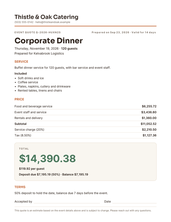 A client quote from Thistle & Oak Catering: the event lines, service charge, tax and total, with no costs or margin
