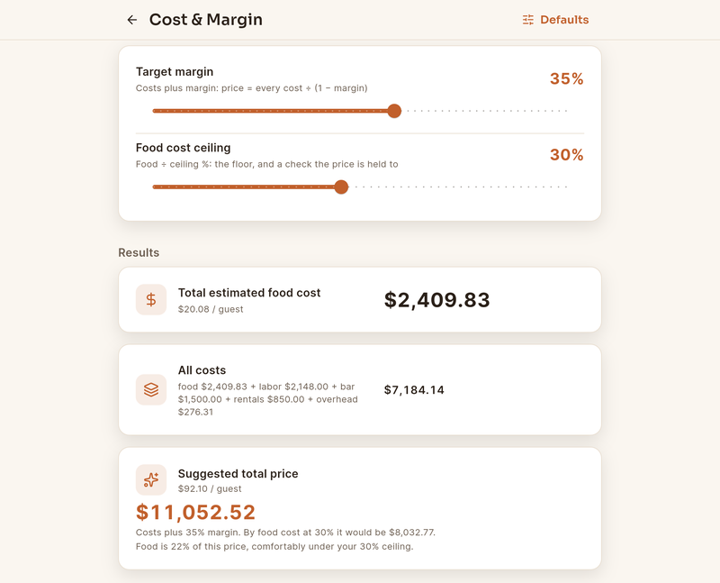Cost and Margin for a 120-guest corporate dinner: target margin, all costs and the suggested price